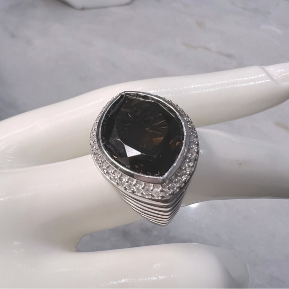Brazilian Smoky Quartz White Zircon Side Marquise Sterling Silver Statem… - Picture 1 of 10